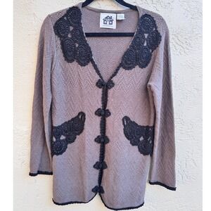 Storybook Knits VTG Taupe Cardigan Sweater Crochet Lace Cottagecore Embroidered